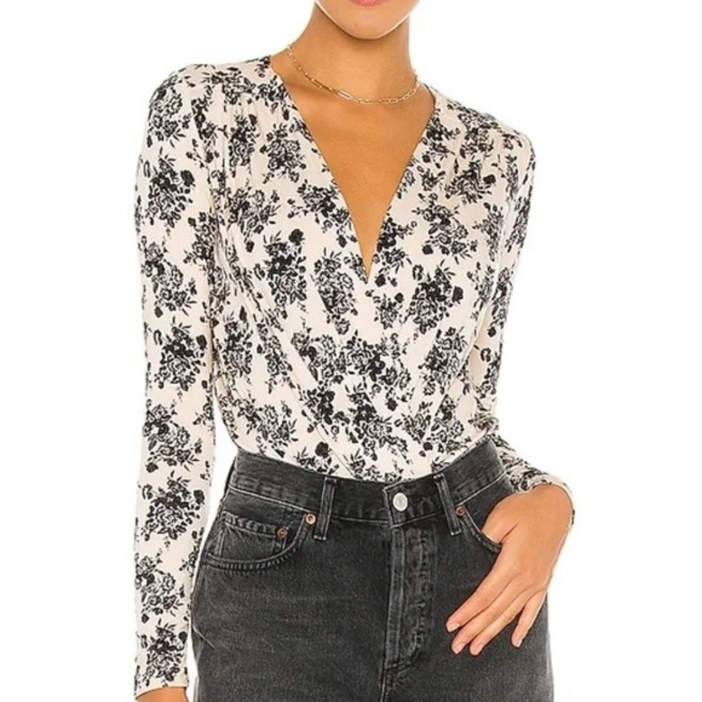 Free People Cross Front Black & Tan Floral Bodysuit